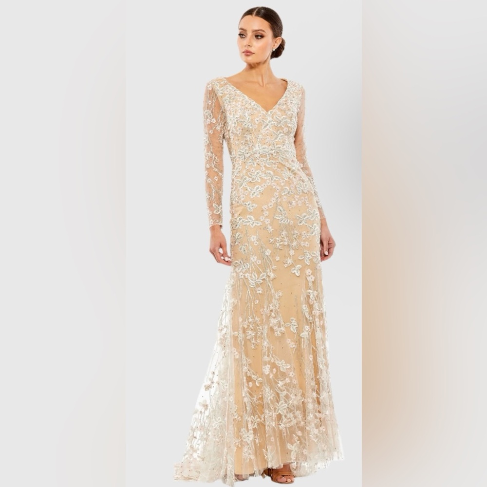 Mac Duggal Style 70239 Beige Embroidered V Neck Long Sleeve Trumpet Gown
